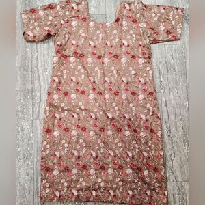 🇬🇪🍑Tan Embroidered Floral Print Short Sleeve Dress Large